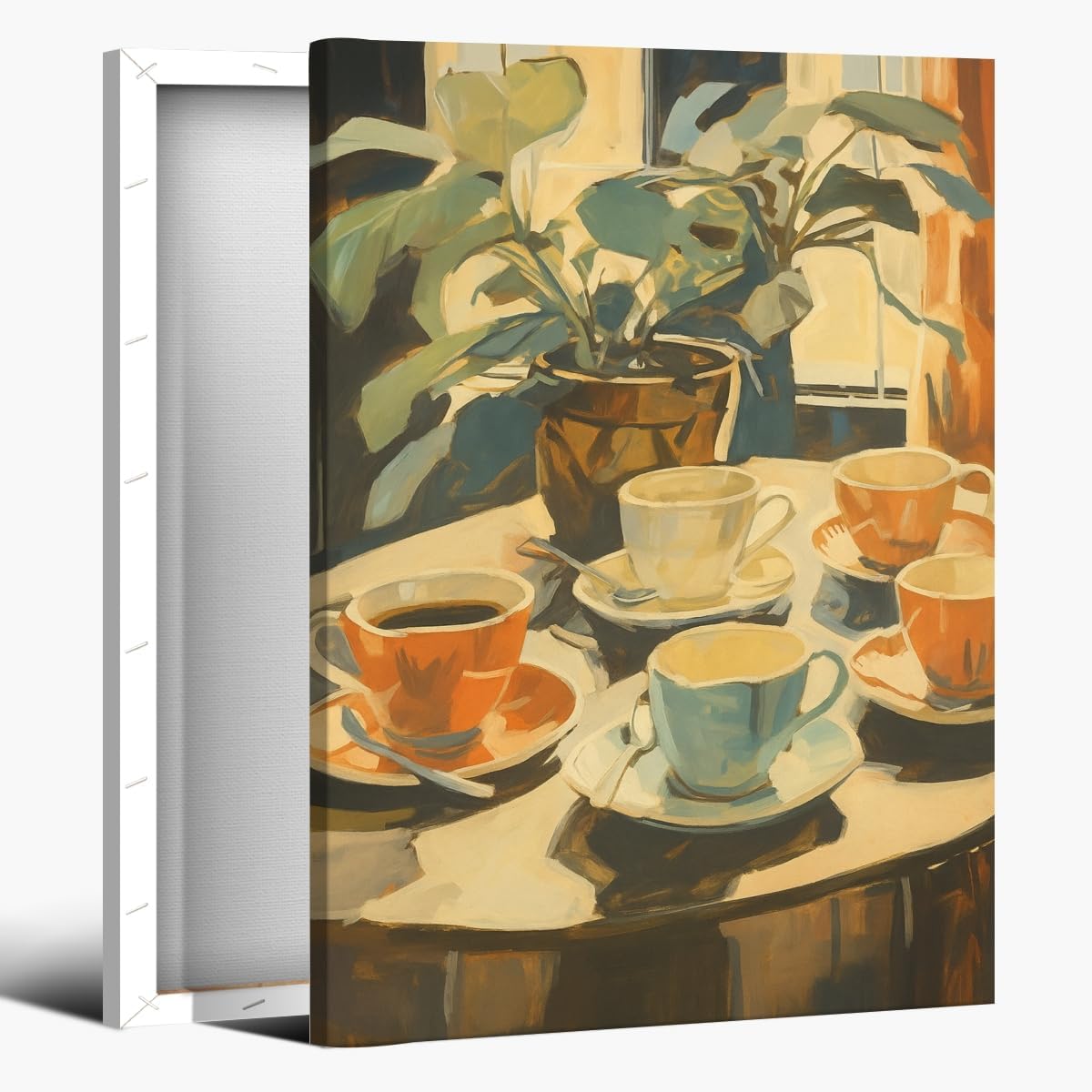 Retro Coffee and Plant Wall Art Vintage Coffee Table Moment Oil Painting Poster with Colorful Cups Prints Cozy Home Decor for Bedroom Kitchen Dining Room Reading Nook 12x18inch Framed