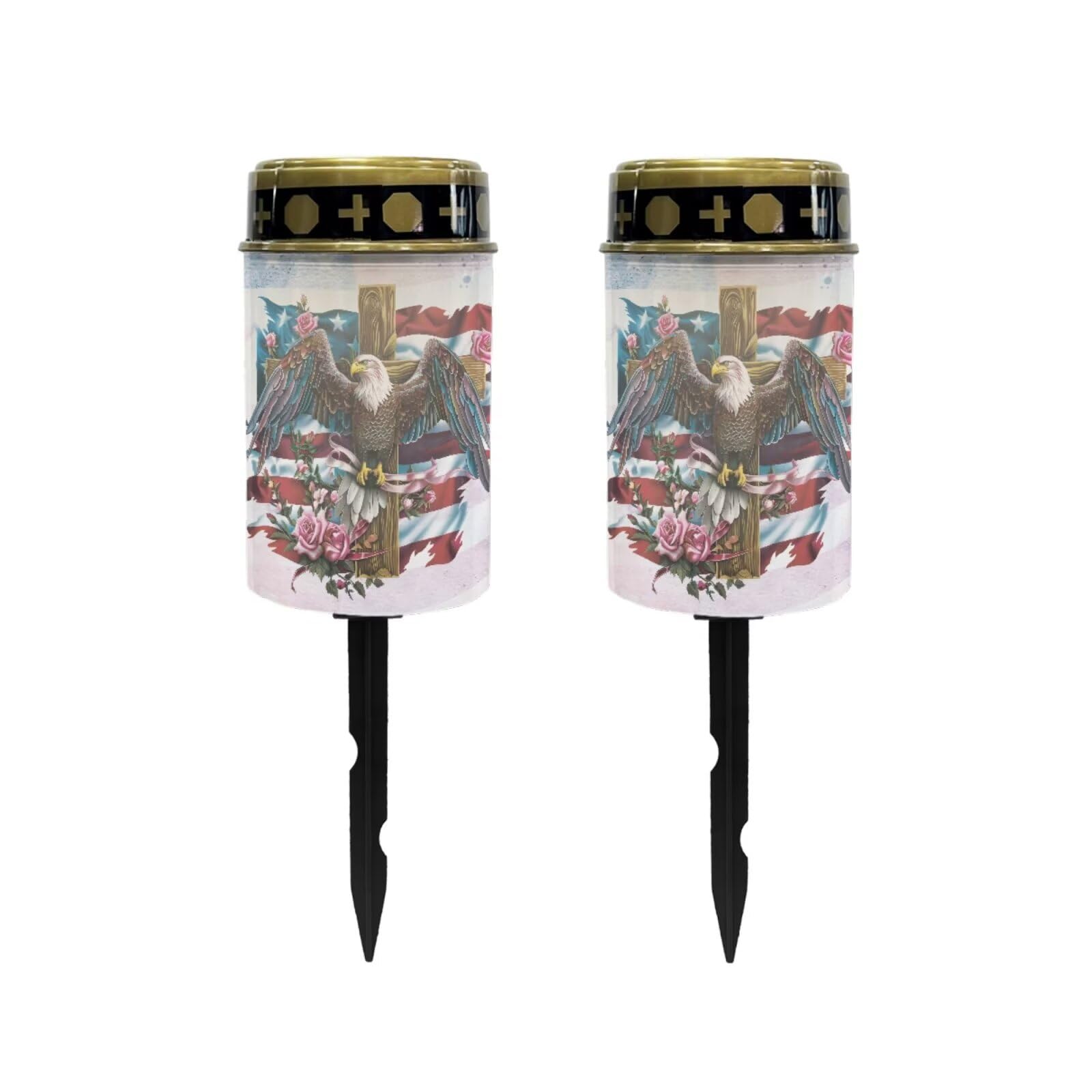 Poceacles Cross Outdoor Lights Solar Powered Flameless Candle Cemetery Votive Candles Waterproof Outdoor Memorial Candle Solar Stake Lights for Grave Cemetery, Eagle American Flag Cross, Pack of 2