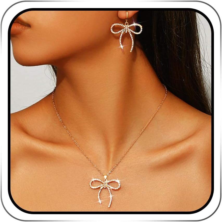 EARENT Rhinestone Bow Jewelry Set Gold Sparkly Crystal Bowknot Pendant Necklace Dressy Dangle Prom Earrings Sets for Women