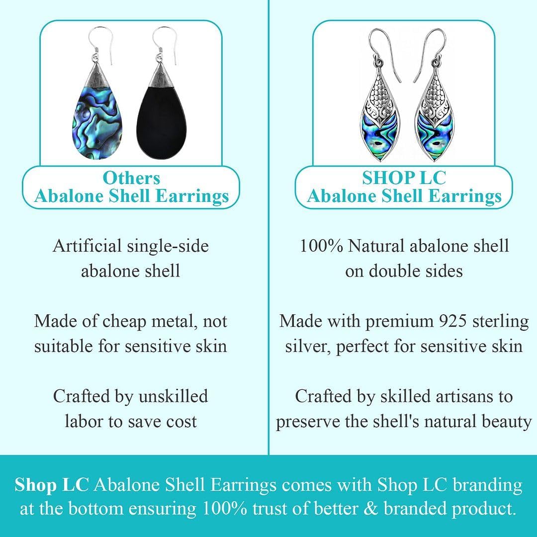Abalone Earrings for Women in 925 Sterling Silver - Beach Boho Unique Earrings - Costume Jewelry Anniversary Birthday Christmas Gifts