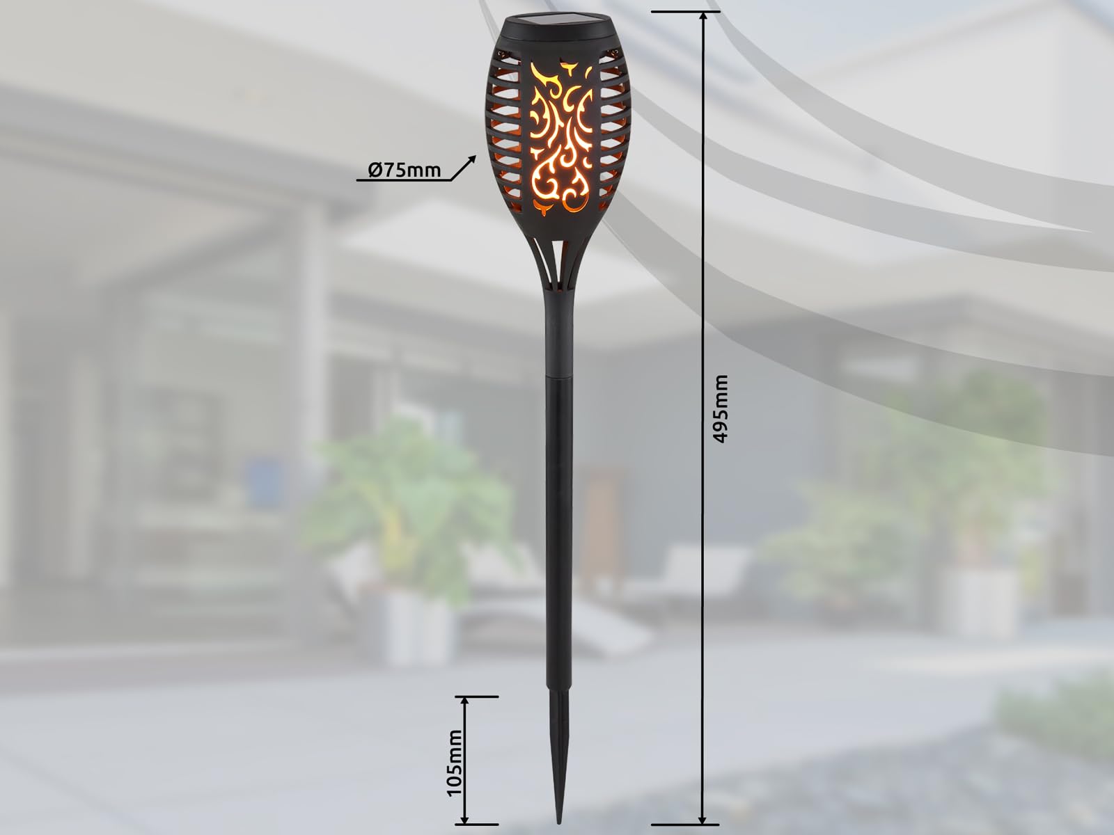 Pochodnie solarne w zestawie 6 szt. z efektem płomienia, tworzywo sztuczne, czarne, wysokość 49,5 cm
