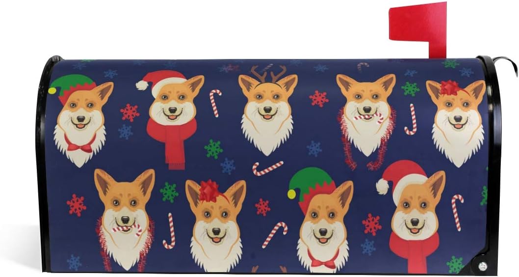 Christmas Corgi Dogs with Santa Hat Decorate Magnetic Magnetic Mailbox Cover Standard Size for Garden Yard Outdoor Decorations-18 x 20.8"
