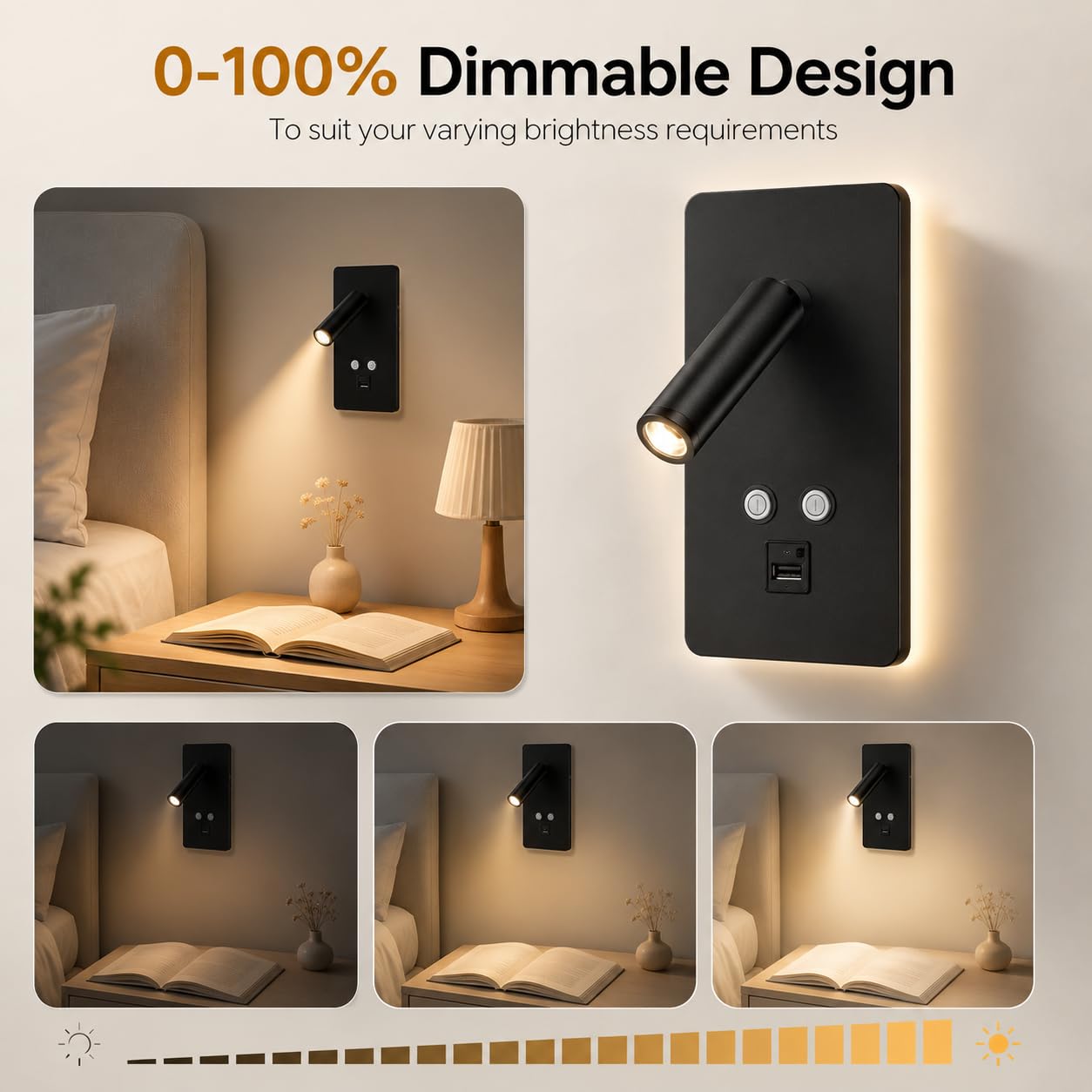 2Pcs Applique Murale Intérieure LED, Liseuse de chevet LED avec interrupteur, port de charge USB et Type C, Lampe Murale Tactile Dimmable, 3000K Liseuse Lampe de Lecture pour Chambres Salon Hôtel