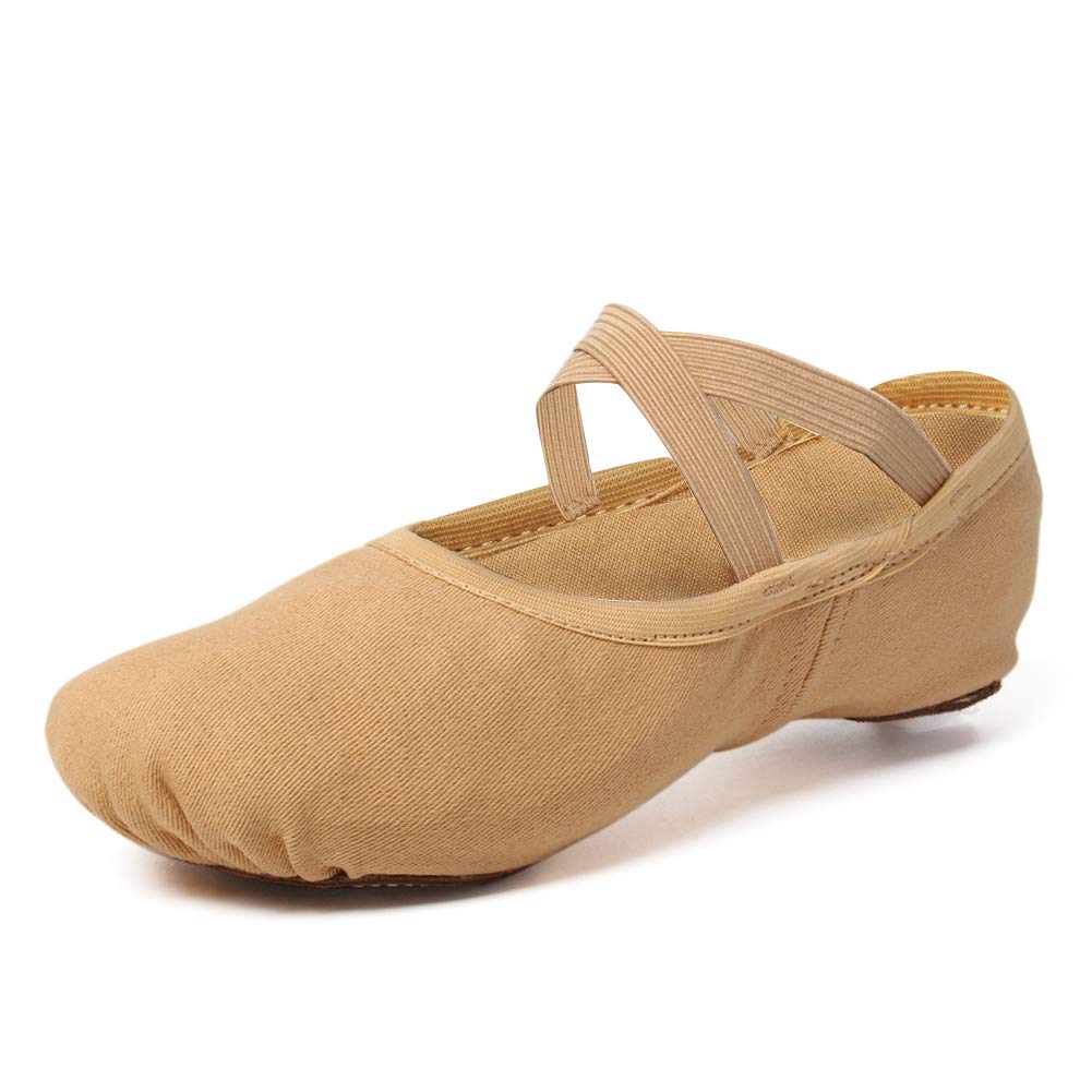 TINRYMX Ballet Shoes for Girls/Toddlers/Kids -Stretch Canvas Ballerinas Dance Yoga Flats, Light Tan,4 M Big Kid