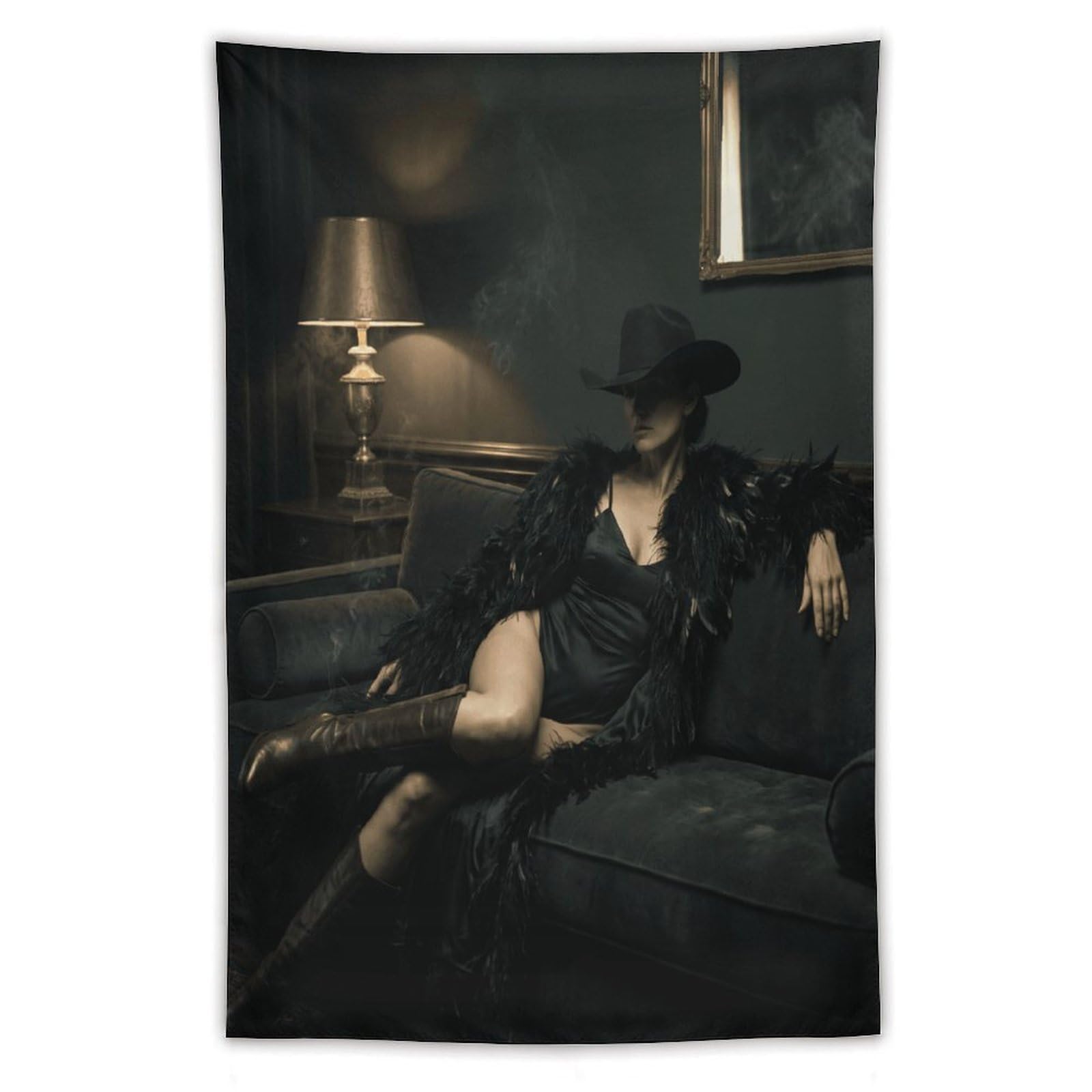 H3B8U2Y5 Elegant Woman Black Hat Wall Tapestry, Detailed Illustration