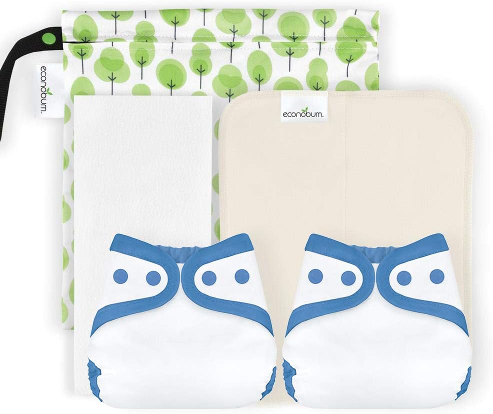 Newborn Starter Kit - 2 Newborn Covers, 6 Soft Organic Cotton Prefolds, 6 Newborn Stay-Dry Liners and 1 Wet Bag (Moonbeam)