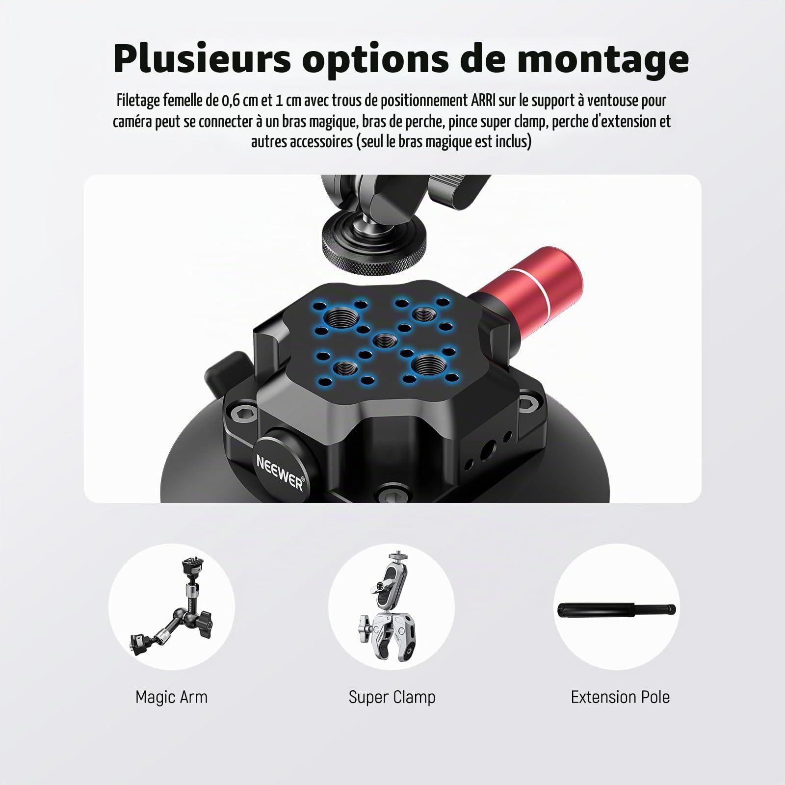 NEEWER Support Caméra Ventouse 4,5" Bras Magique, Compatible avec Arri 1/4" 3/8" Trous, Support Voiture Quick Release, Adaptateur Action Cam Compatible avec iPhone GoPro DJI Insta360, CA105