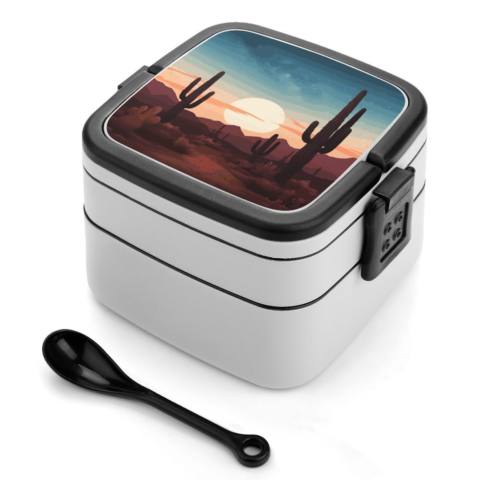 VstaDank Desert With Cactus Bento Box Portable Adult Lunch Box with 2 Layer&Spoon Reusable Insulated Lunchbox Large Food Containers Leak Proof Lunch Containers for Work Camping Meal Prep
