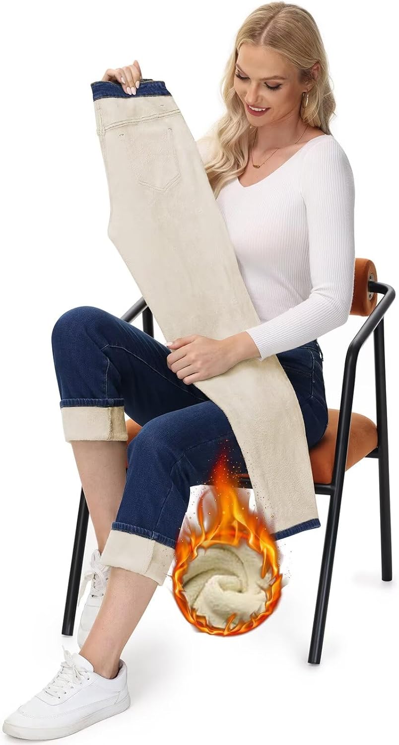 AMRSPENG Women's Fleece Lined Jeans Women Straight Leg Jeans Winter High Waisted Fleece Lined Denim Pants - Image 3