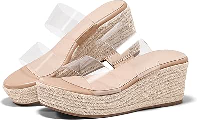 Coutgo Women's Platform Wedge Sandals Espadrille Raffia Heeled Slides Open Toe Two Band Beach Vacation Shoes