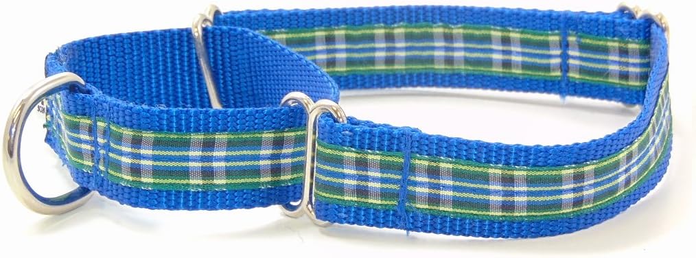 Plaid Martingale Dog Collar (LG-1"x15"-21", "MacLeod-Blue/Green Plaid)