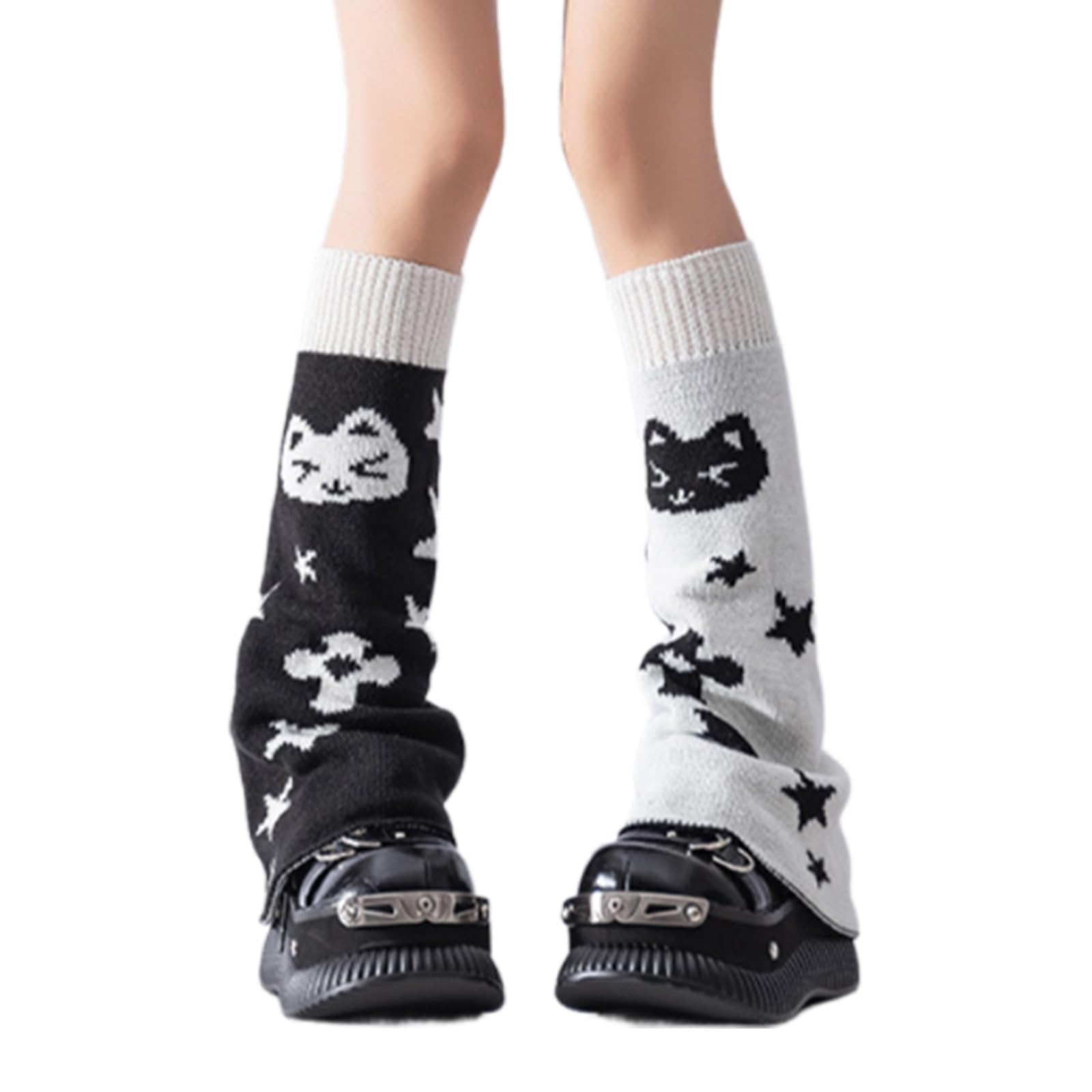 Maxtonser Double Sided Wearable Cats Pattern Long Leg Sleeves for Women Punk Knitted Flared Leg Warmer Covers Baggy Footless Socks
