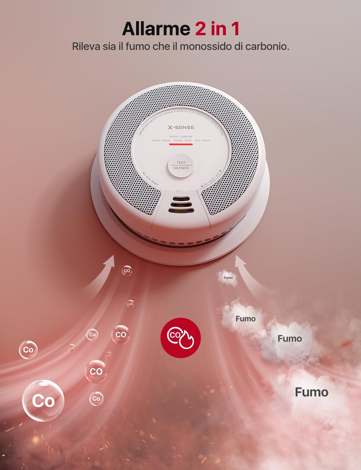 X-Sense Rilevatore di fumo e monossido di carbonio Wi-Fi con batteria sostituibile, Rilevatore di combinazione intelligente compatibile con l'app X-Sense Home Security, SC06-WX, confezione da 1