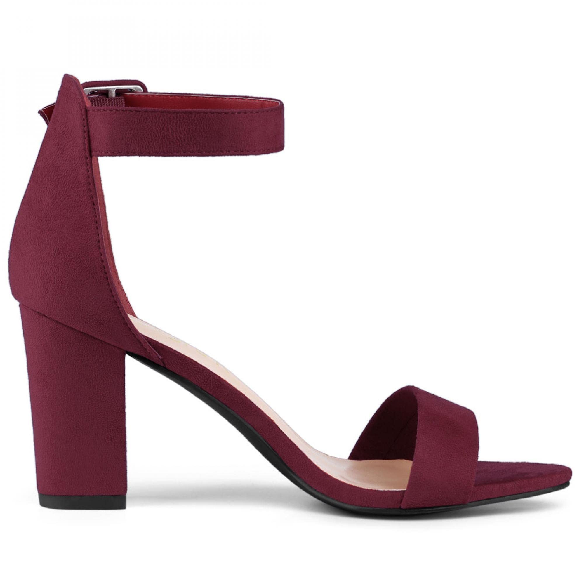 Sandalias de correa de tobillo con hebilla de tacón grueso alto para mujer, Burgundy, 8.5 7