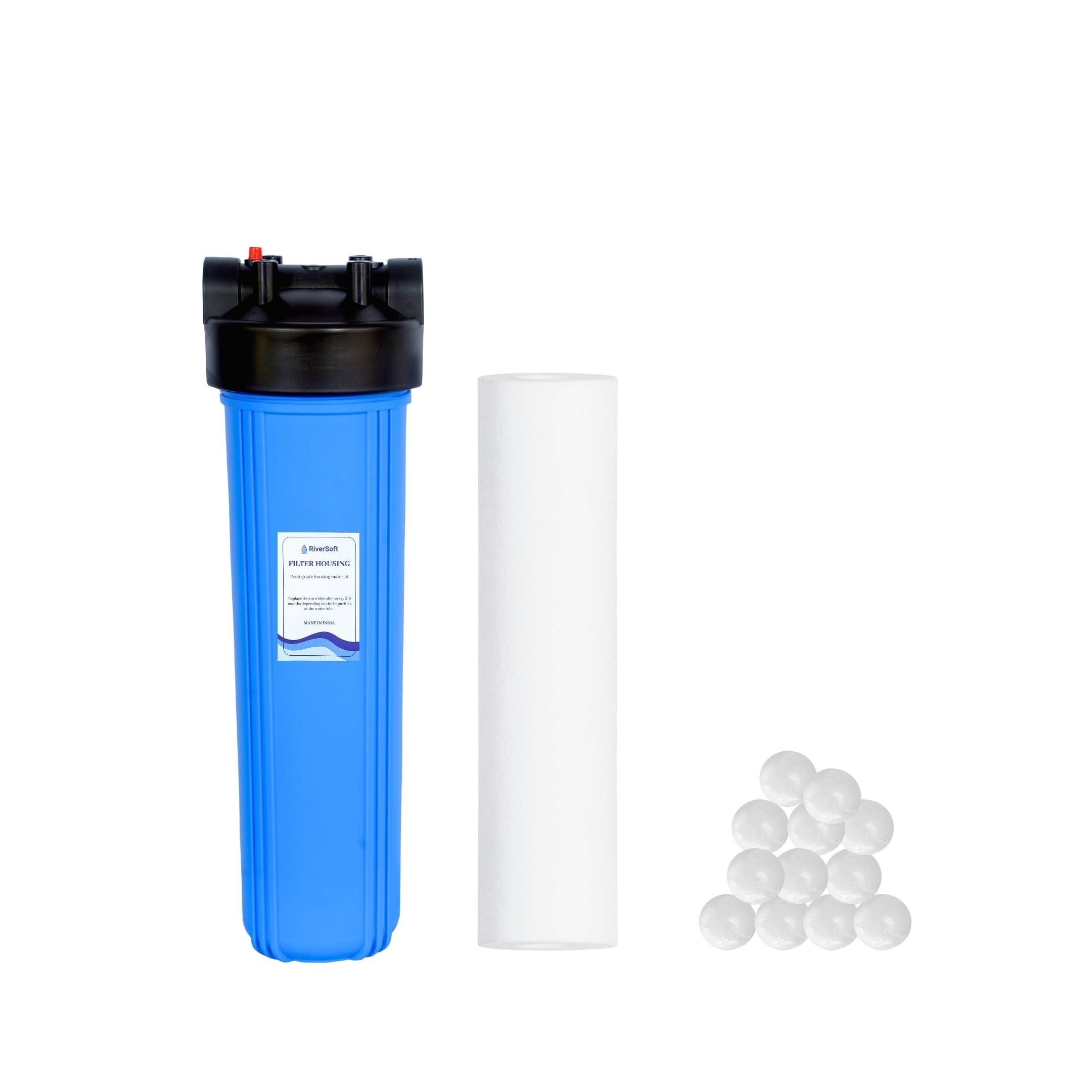 RiverSoft ASP-20HV-SI Combo of Sediment Filter Assembly 5 Micron For Removing Sediments & Antiscalant Balls For Hard Water | Install In Mainline (20 inch, 5 Micron, 1 inch inlet/outlet, Blue, PP)-image-18
