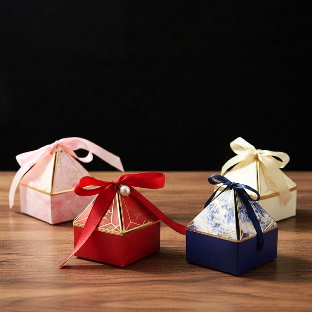 SATYAM KRAFT 80 Pcs Small Diamond Shape Paper Folding Gift Boxes with Ribbon | Premium Return Gift Boxes for Wedding, Birthday, Engagement, Baby Shower, Chocolate & Dry Fruit Packaging (Multicolour) 4