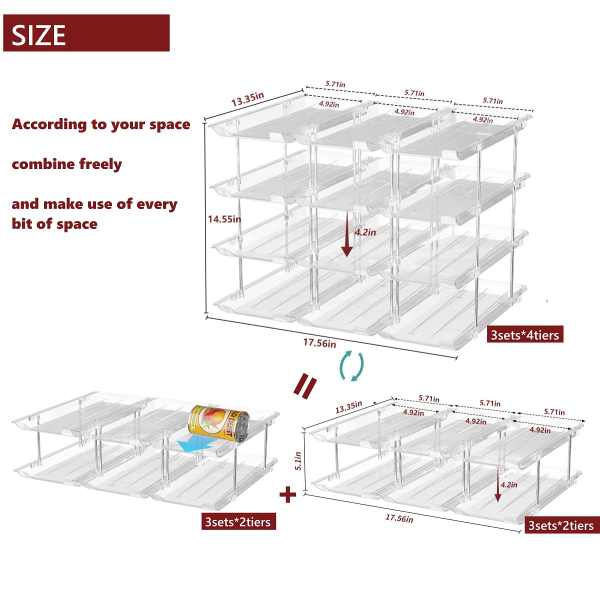 Organizador de latas para despensa, 3 juegos de 4 niveles, organizador de latas de refresco para refrigerador, estante de 36 latas, organizador automático apilable de alimentos enlatados, transparente