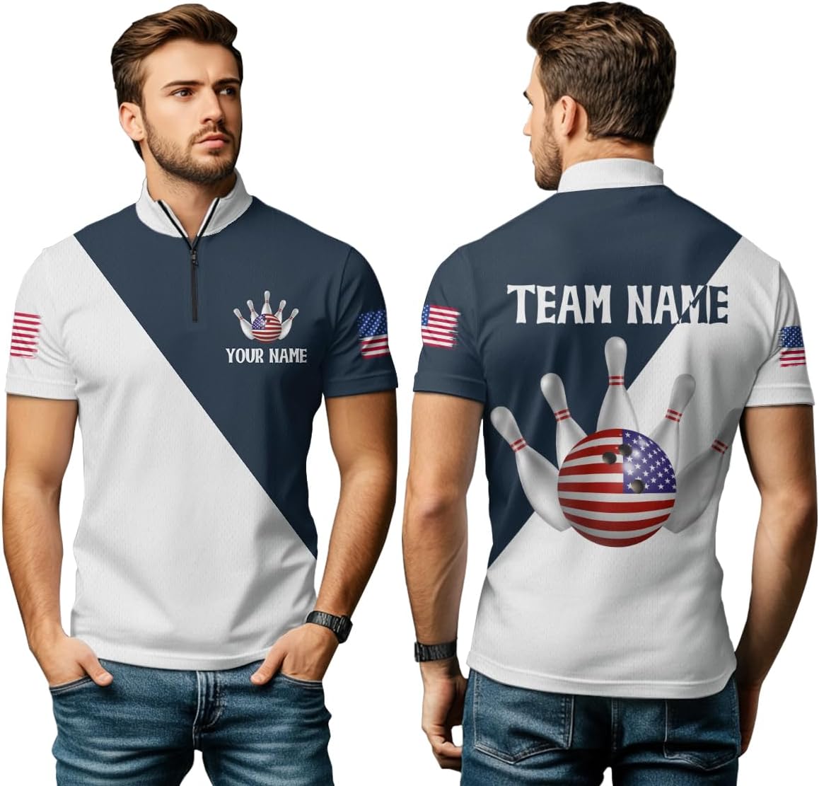 American Bowling Shirts Custom Blue Bowling Jersey for Men Women's Patriotic Bowling Polo Bowling 1/4 Shirt with Team Name