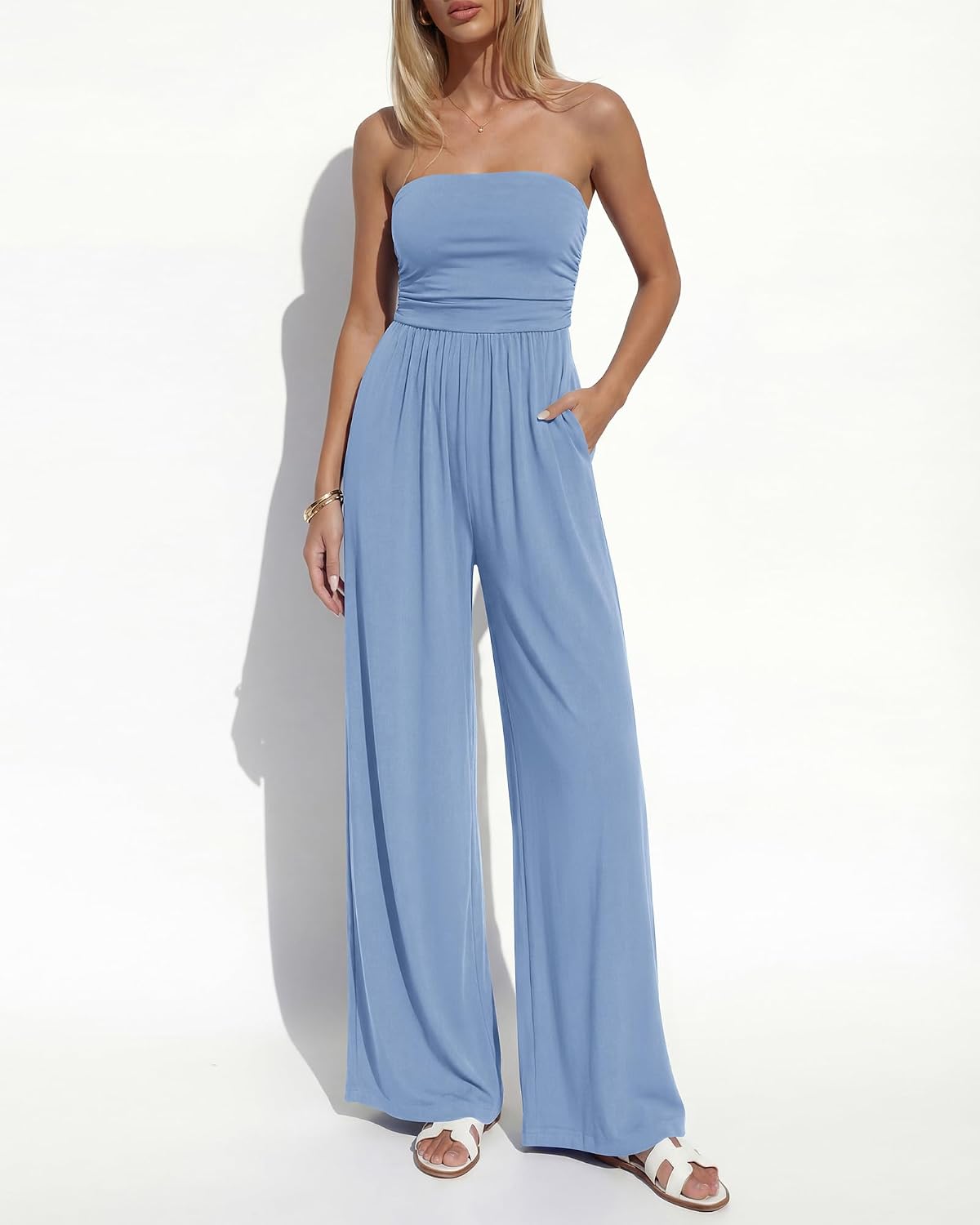 BTFBM Jumpsuits For Women Summer 2026 Beach Vacation Strapless Tube Top Jumpsuit Ruched Casual Wide Leg Pant Rompers