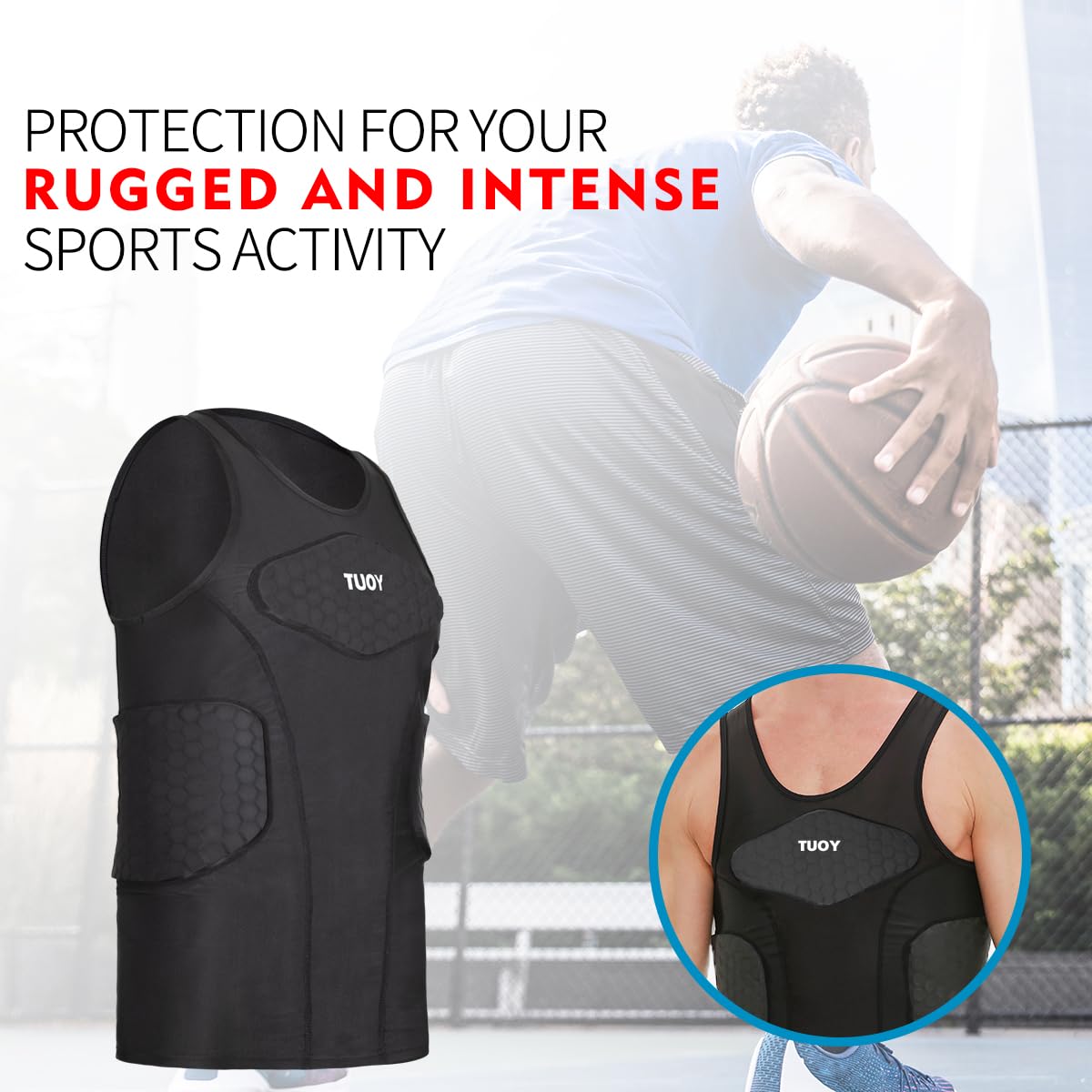 TUOY T-shirt de compression rembourré pour homme - Protection de poitrine côtelée pour football, paintball, baseball
