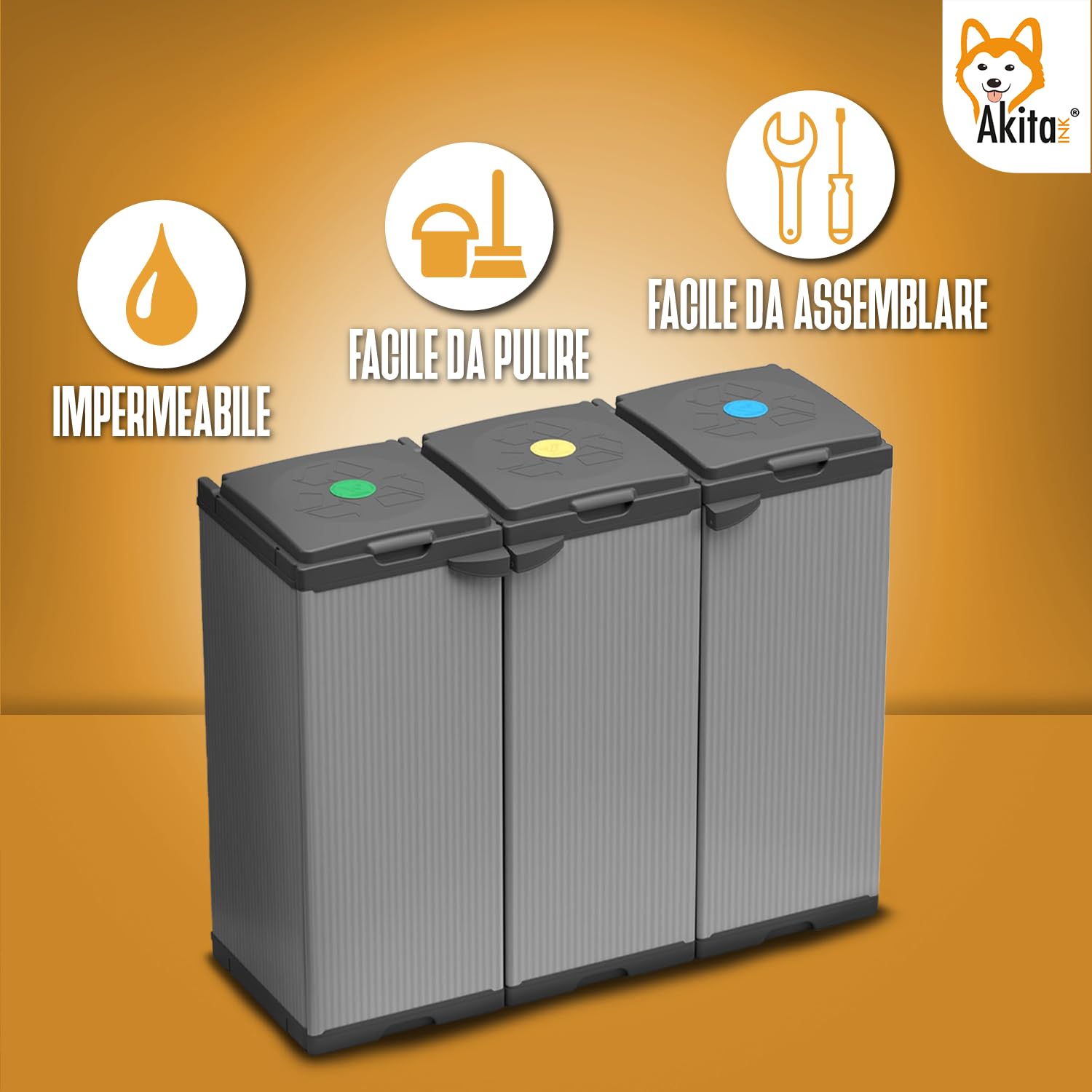 AKITAInk Pattumiera Sistema di Raccolta Differenziata Akitris – Set di 3 Contenitori con Scomparti Separati per Rifiuti, Capacità Totale 80-110 litri, Misure: 102x39,5x85 cm – Prodotto in Italia