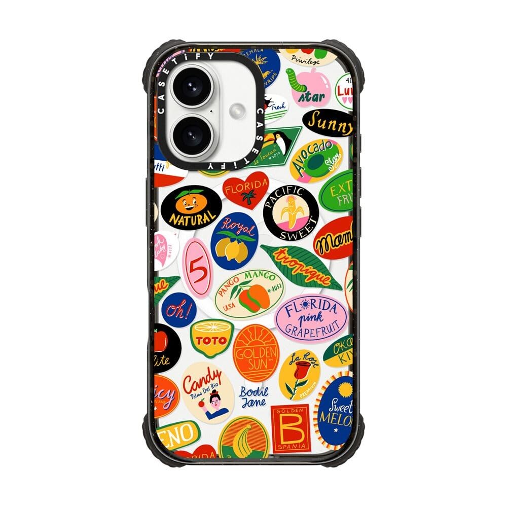 CASETiFY Ultra Impact iPhone 16 Case [Strong Slim / 11.5ft 5X Militray Grade Drop Protection/Compatible with Magsafe] - Fruit Stickers - Clear Black