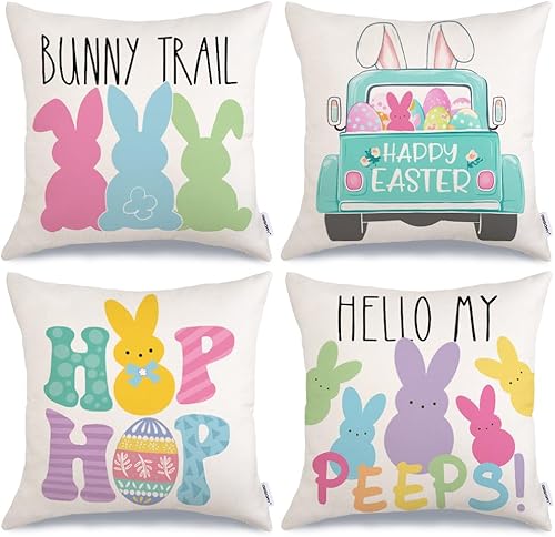 GEEORY G482-18 - Juego de 4 fundas de almohada de Pascua de 18 x 18 pulgadas, conejos conejos, huevos de Hello Peeps, camiones, Hip Hop a rayas,