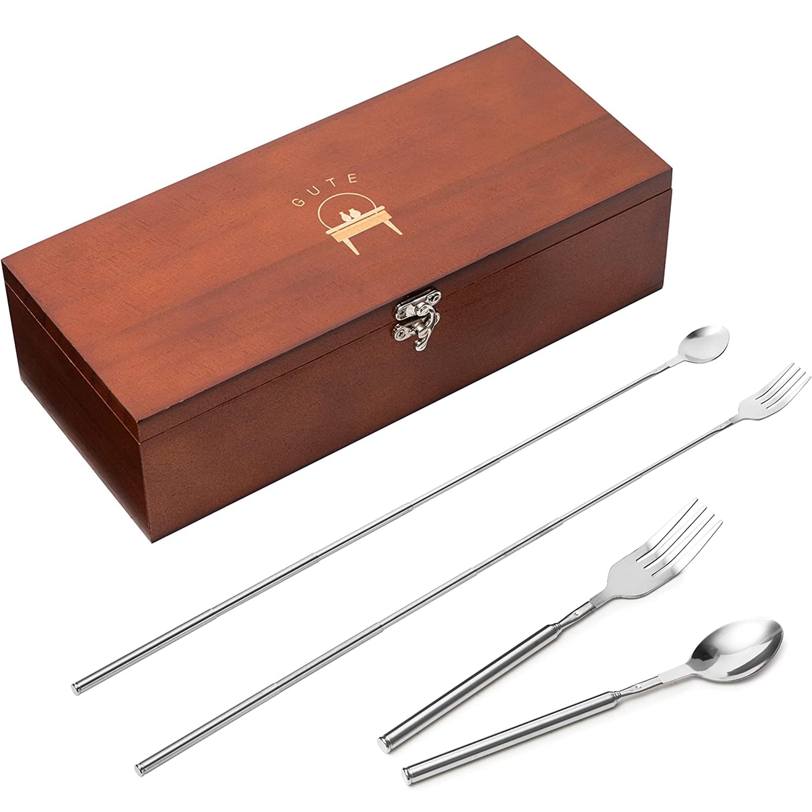 Funny Gag Gift Long Handle Extendable Fork & Spoon Set, Stocking Stuffer, Telescopic Extendable Dinner BBQ Stainless Steel Flatware Cutlery Dad, Fun Grilling Parties - Extends 25