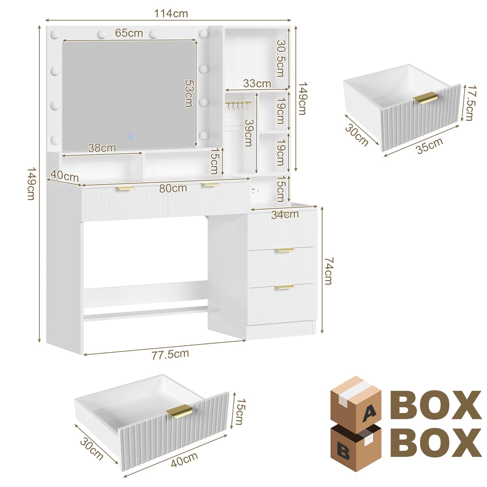 JUMMICO Toeletta Trucco con Specchio e Luci,Tavolo da Toilette con Cassetti, Postazione Trucco con Ripiani Aperti, Ganci per Gioielli e Presa Elettrica per Camera da Letto,Moderno (Bianco) (bianco)