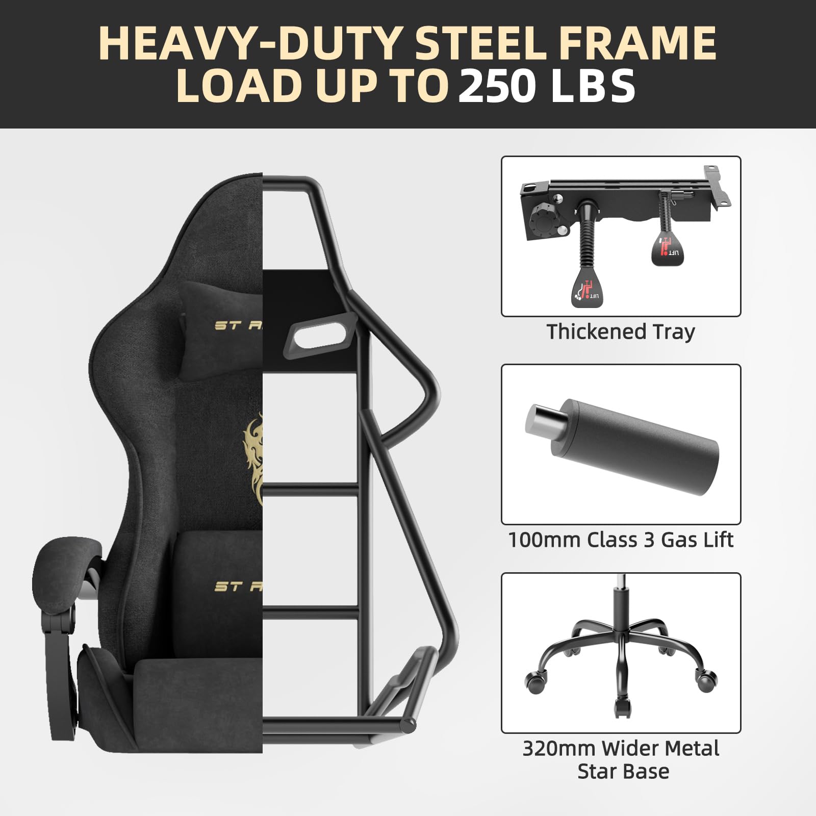 Ferghana Silla Gaming Ergonómica con Masajeador,Silla Gamer de Terciopelo con Soporte Lumbar de Masaje,Reposacabezas,Reposapiés,Silla de Oficina,Silla Ergonómica de PC,Rotación de 360°,Negro