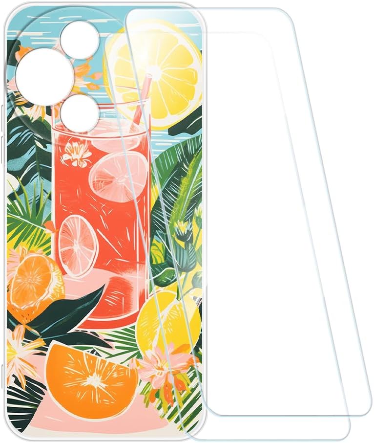 Printed Case + 2 Pack Screen Protectors Compatible with TCL NXTpaper 5G Junior, Shockproof Pattern Soft Cover and HD Clear Tempered Glass Film (Summer Time)