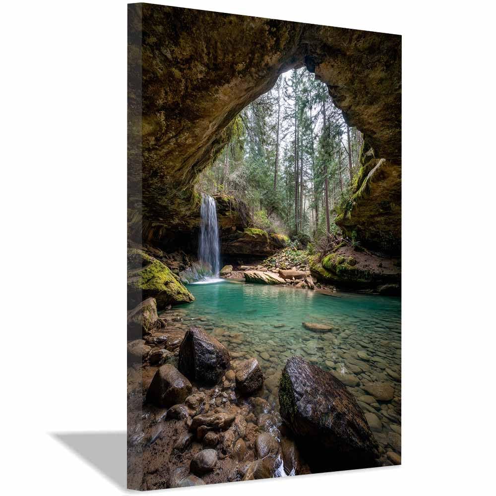 HOQIU Wall art for home decor Cave Waterfall Pool canvas artwork for wall, art prints, For living room, bedroom, bathroom, dining room, painting and decor.(Multicolor)-30x40cm Framed