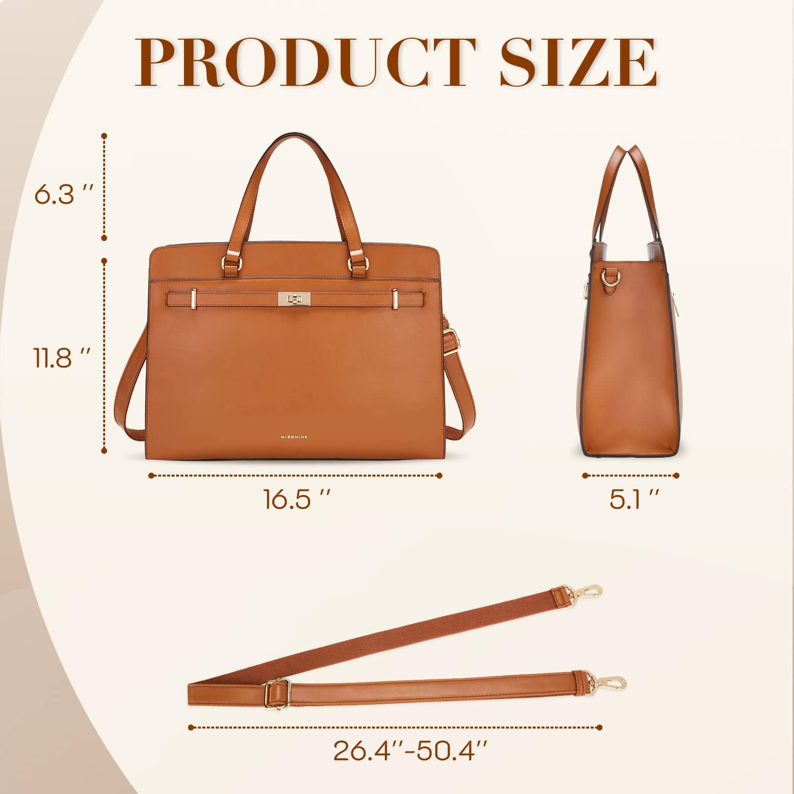 Missnine Sacoche pour ordinateur portable 15,6" en cuir synthétique - Grand sac de travail - Porte-documents pour ordinateur - Sac à main d'affaires,marron