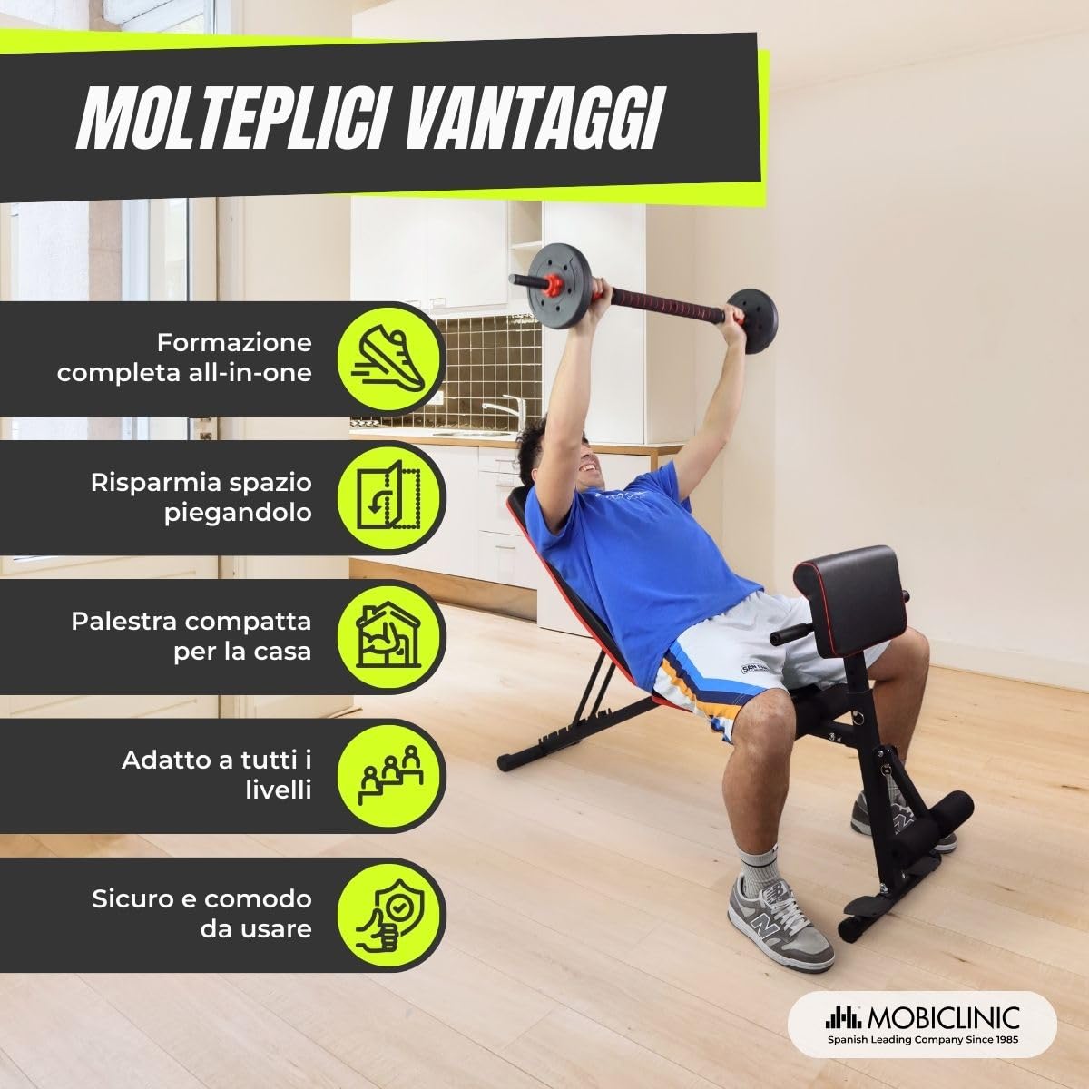 Mobiclinic®, Panca Palestra, Nastro di Resistenza, Pieghevole, Con Ruote, Multifunzione, Stampa di Banca, Regolabile, Declinabile e Inclinabile, Fino a 120kg, Planefit, Palestra Domestica