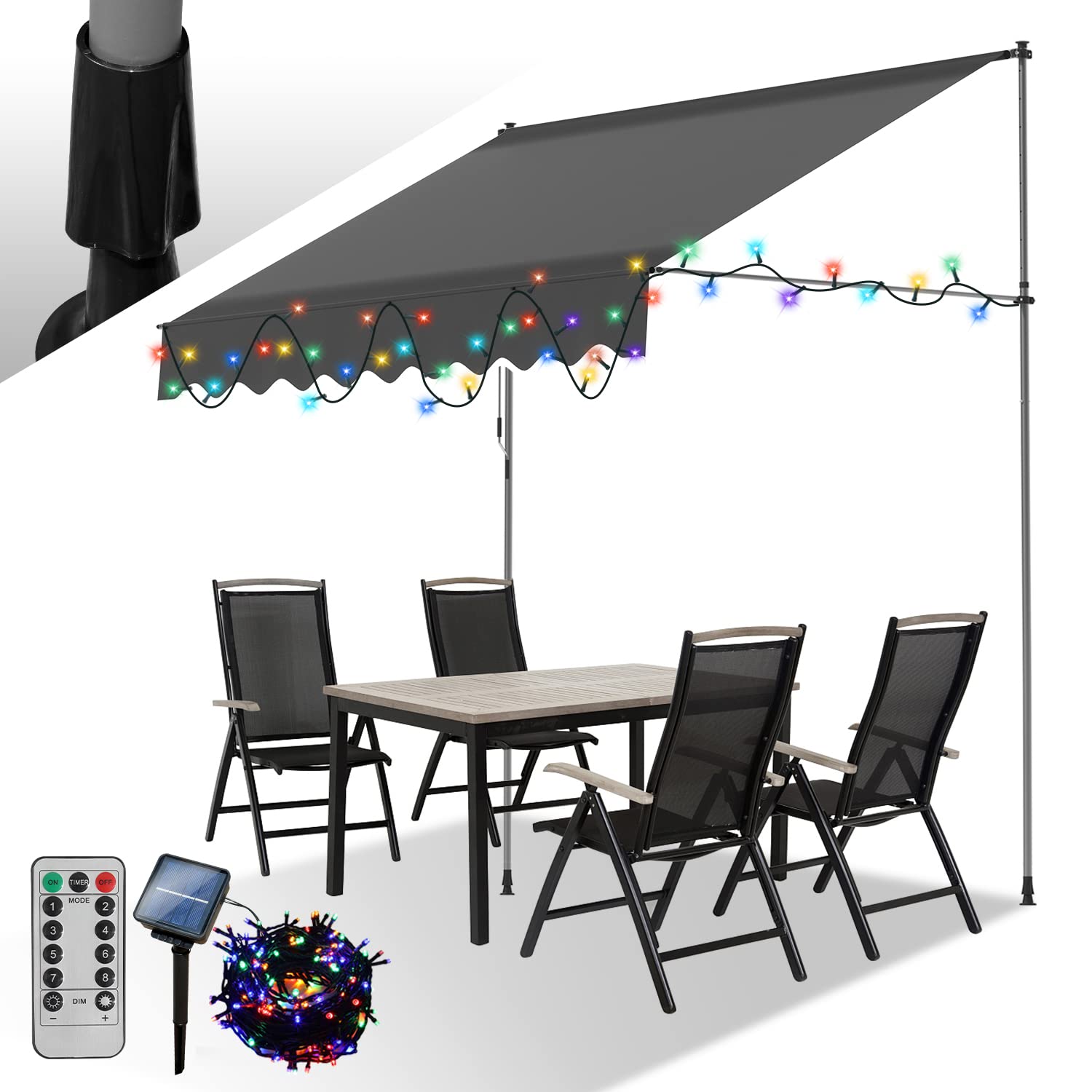 Daromigo Markiza zaciskowa, 400 x 120 cm, markiza balkonowa z korbą ręczną, regulacja wysokości, markiza z solarnym, kolorowym łańcuchem świetlnym LED, odporna na działanie promieni UV, wodoszczelna, zwijana, szara