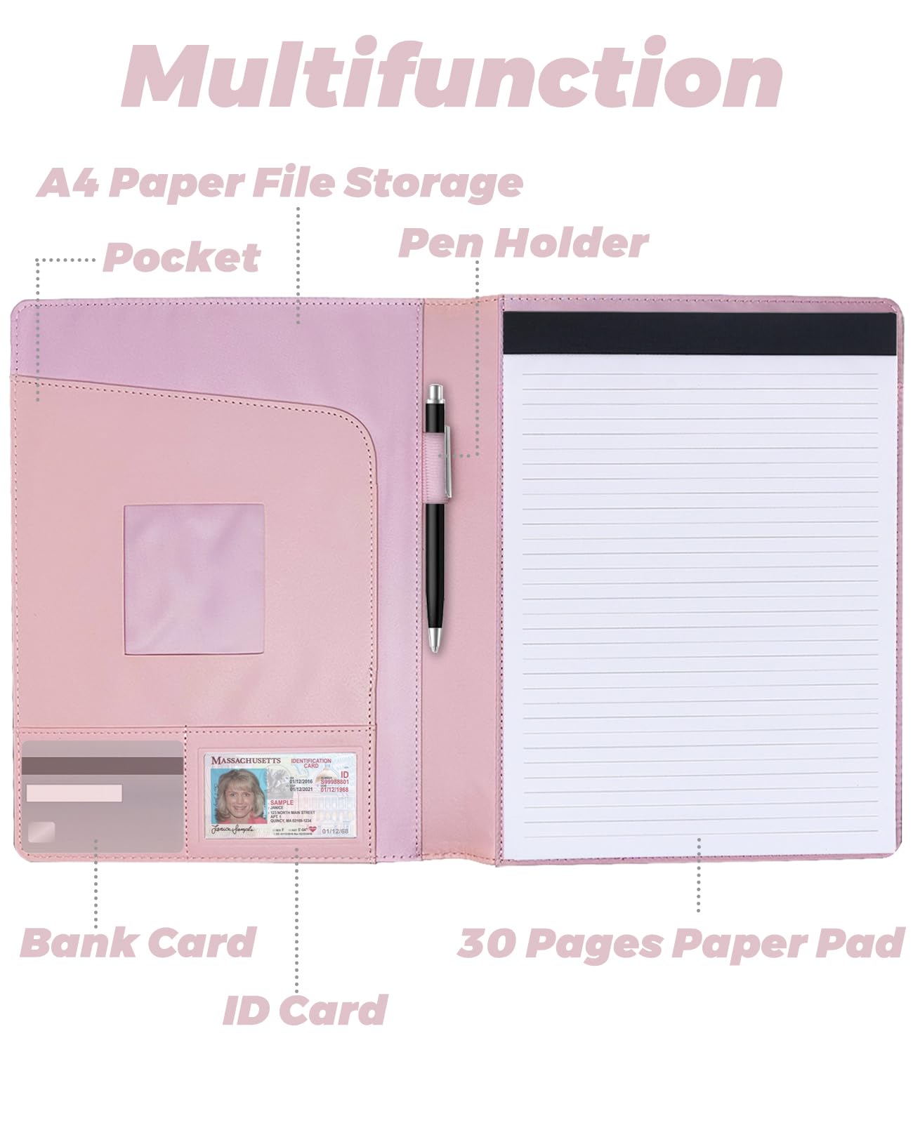 Porte-documents en cuir synthétique avec 30 pages de papier, organiseur de documents, organiseur de documents, classeur pour documents juridiques, téléphone, hommes et femmes (A4, rose)