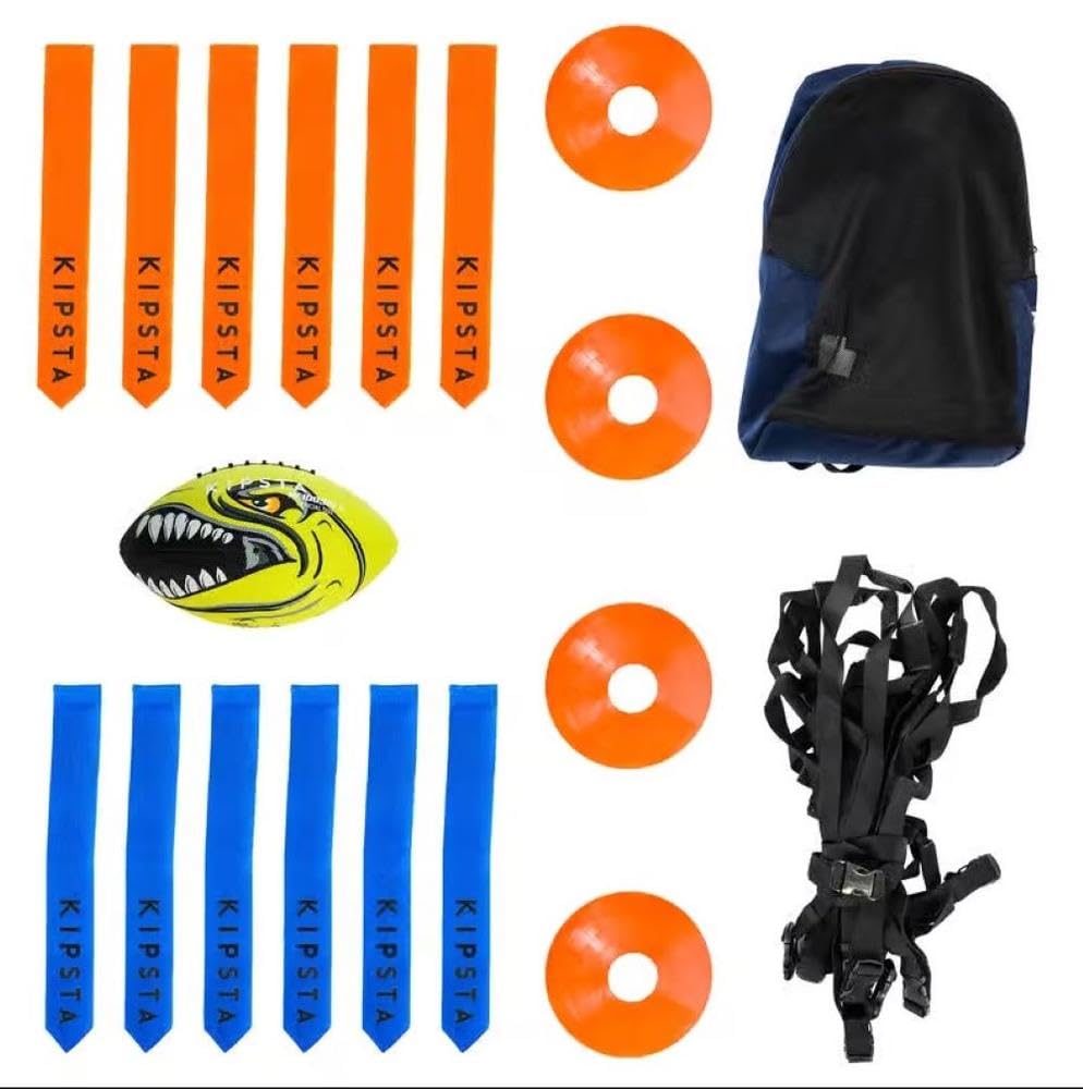 Flag Football Set with Carrying book Bag, 4 Orange Cones, 1 Football, 12 belts, 24 Flags (12 Blue, 12 Orange)