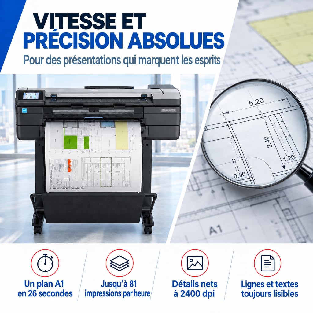 HP DesignJet T830 Traceur reconditionné 24" A1 multifonction, impression, numérisation et copie, 2400 x 1200 dpi, A1 en 26 secondes, Wi-Fi Ethernet USB, socle inclus, garantie 24 mois