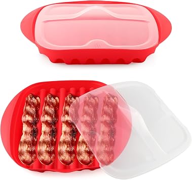 Microwave Bacon Tray with Splatter Lid, Microwave Bacon Cooker Maker, Quick and with No Mess, Make Crispy Ba con in few Minutes, Grooved Cooking Tray for Kitchen Gadget