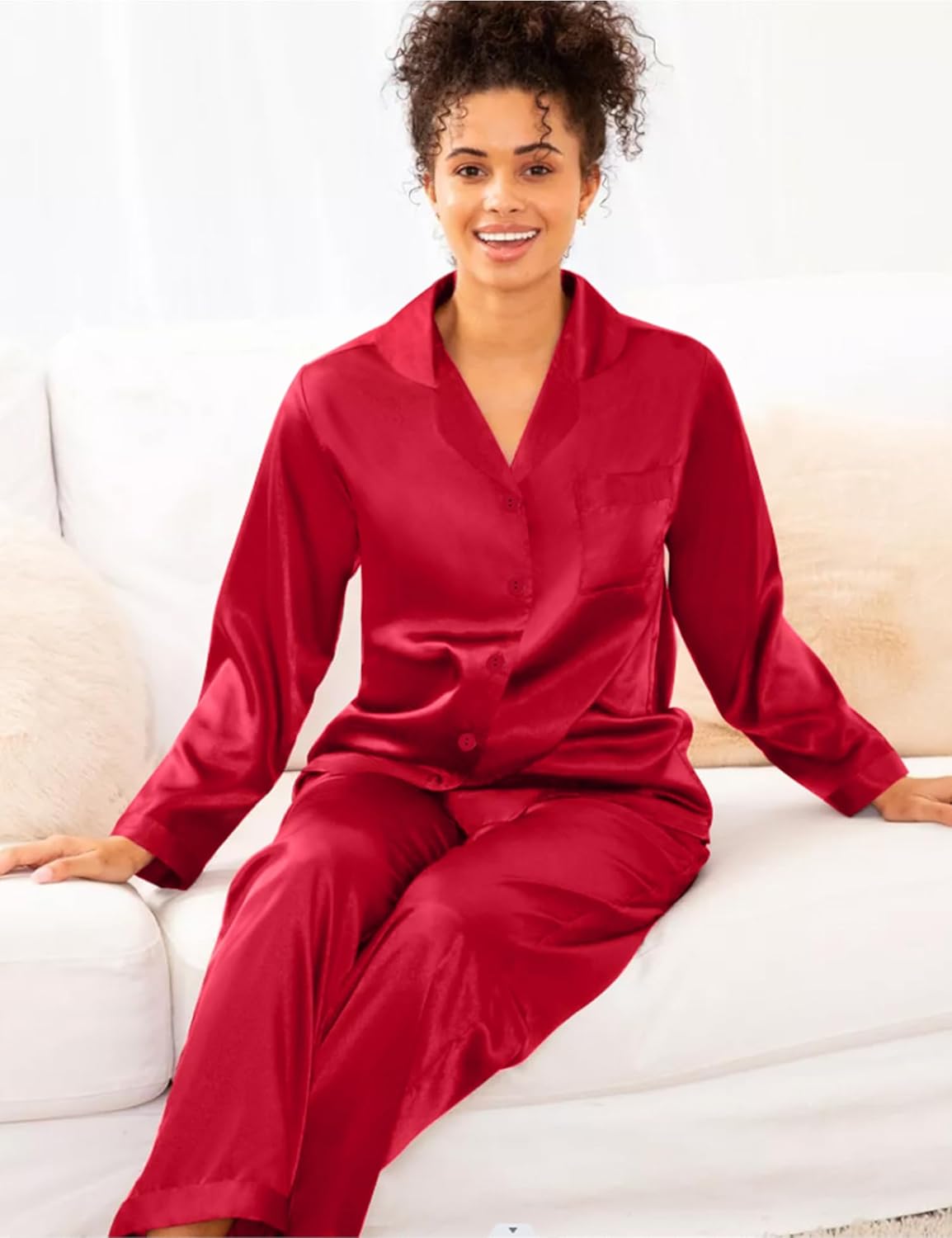 SWOMOG Long Sleeve Pajamas Set Silk Satin Sleepwear Button Down Pjs Loungewear with Pocket - Image 4