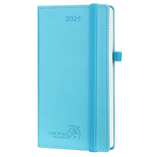 POPRUN Slim 2025 Pocket Diary Week to View (16.5 x 9 cm) PU Leather Hacdback, Small Weekly Appointment Diary 25 Work Planner, Inner Pocket (Blue Green)