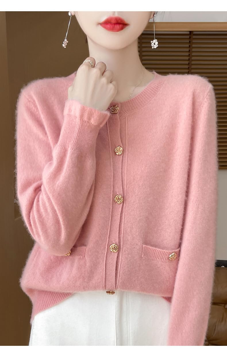 Chaqueta De Punto Mujer Cárdigan De Pura Lana para Mujer Estilo Retro Chic con Botones En Rosa Elegante Cárdigan De Punto con Cuello Redondo Prenda De Punto Abierta por Delante Abrigo S