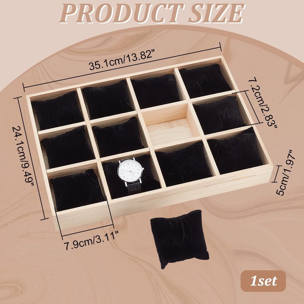 PH PandaHall Vassoio Porta Orologi In Legno con 12 slot per Espositore per Orologi con Cuscini Rimovibili In Velluto, Vassoio Porta Bracciale per Vetrina Espositiva per Orologi Da Cassetto, Nero