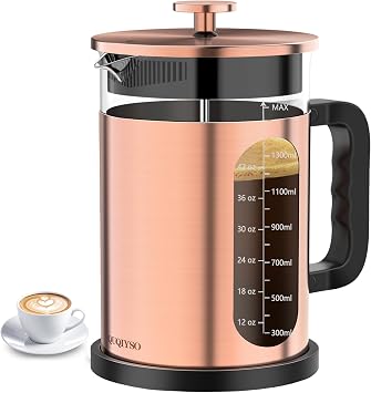 QUQIYSO French Press Coffee Maker 51oz, Stainless Steel Large French Press | Borosilicate Glass Coffee Maker,4 Filter,Coffee Press,Easy to Clean,Perfect for Party Kitchen Camping Travel GiftsCopper