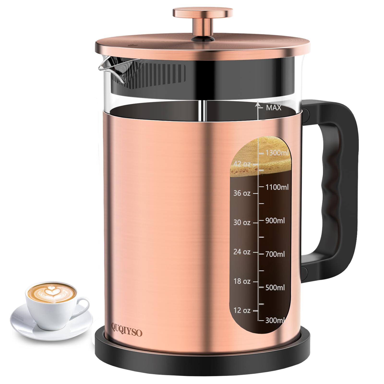 QUQIYSO Cafetera de prensa francesa de acero inoxidable 304 de 50 onzas, prensa francesa con 4 filtros, prensa de café de vidrio de borosilicato, cobre