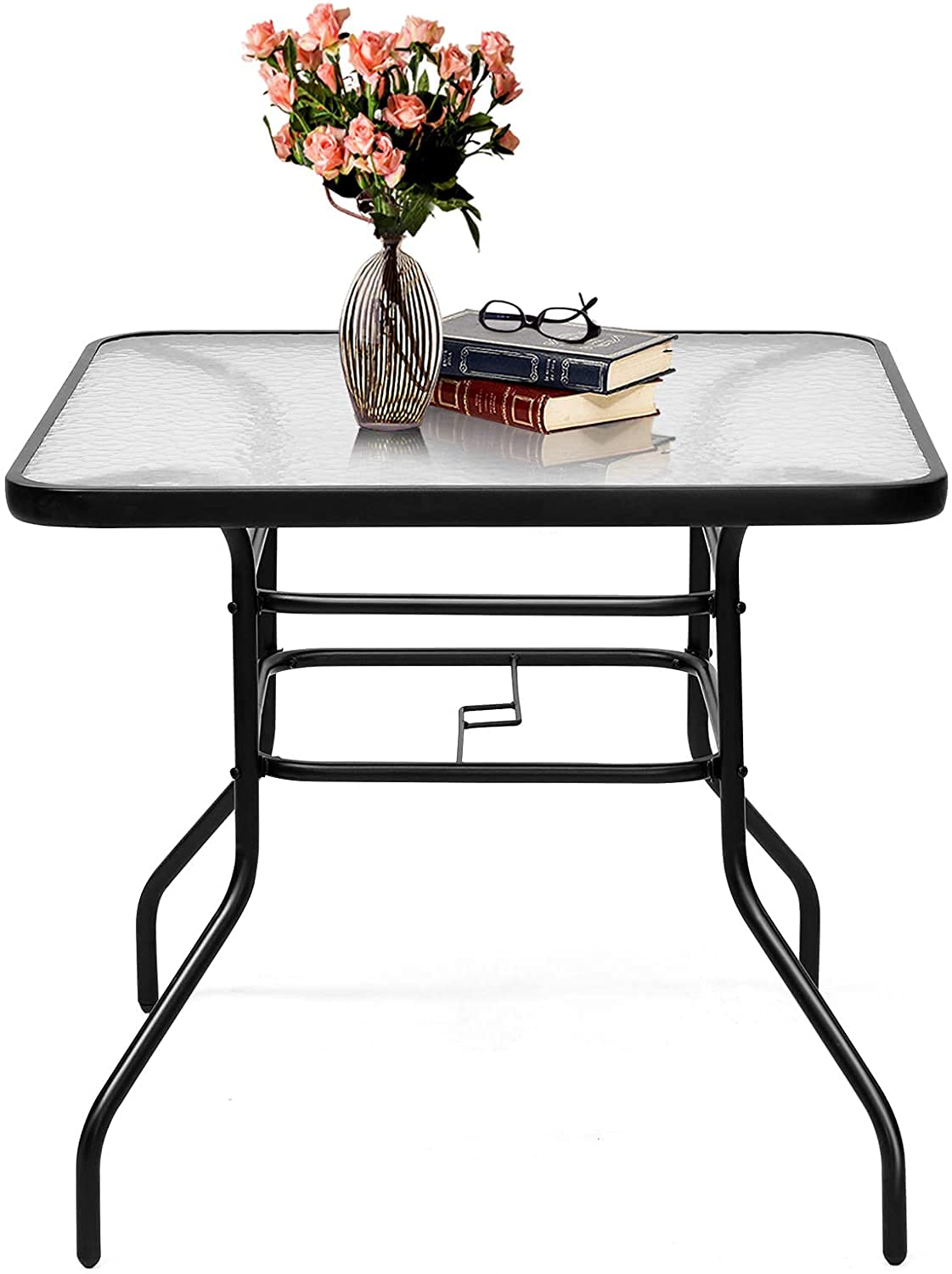 GYMAX Tavolino da Giardino in Metallo e Vetro Temperato, Tavolino da Esterno Elegante con Foro per Ombrellone, Ideale per Terrazzo, Cortile e Bar (80 x 80 x 72cm)