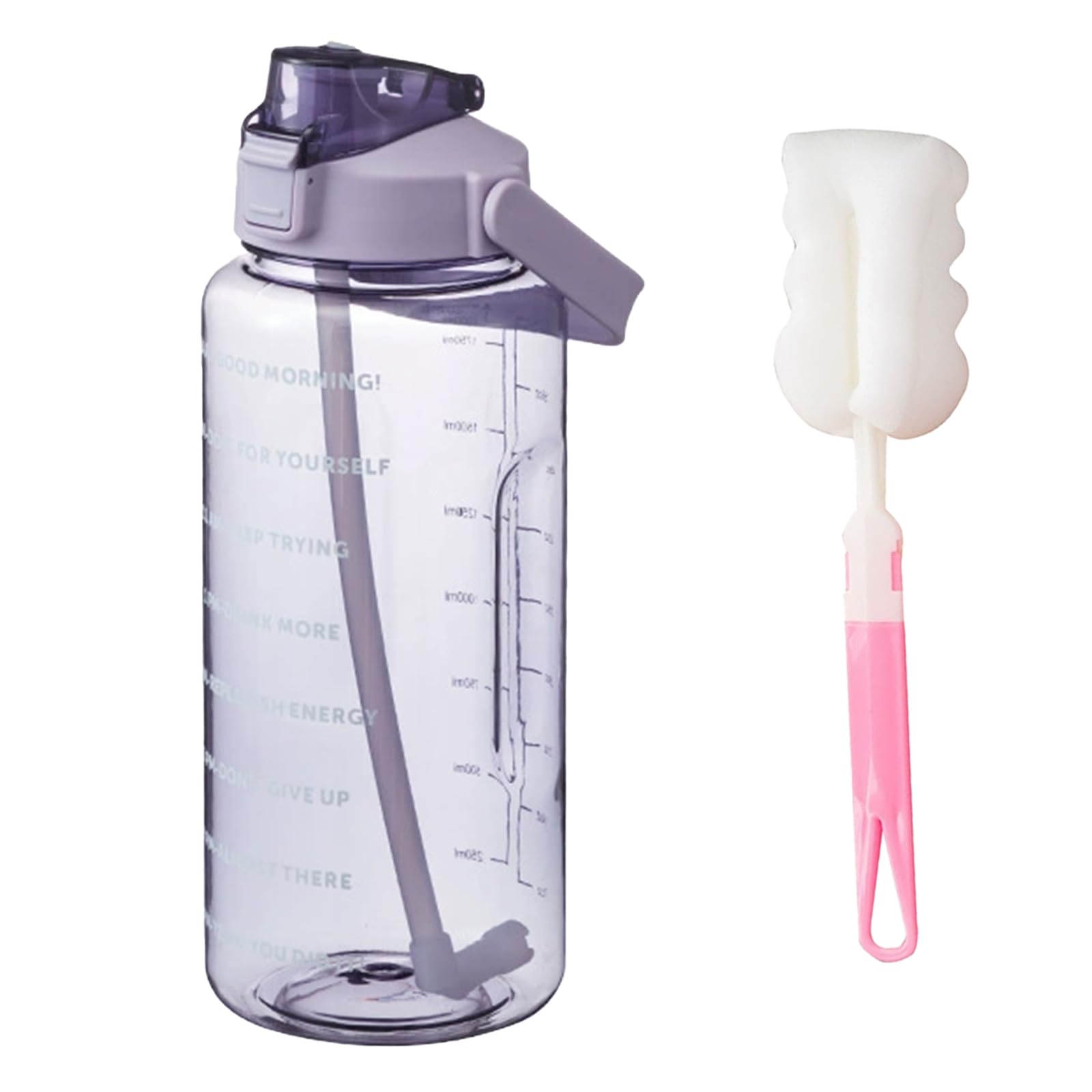 2L Water Bottle with Straw,Clear Leakproof Sports Bottle with Time Markings,Portable Handle Drink Bottles,Heat Resistant Motivational Jug for Gym Hiking Ensure Drinking Throughout The Day (Purple)
