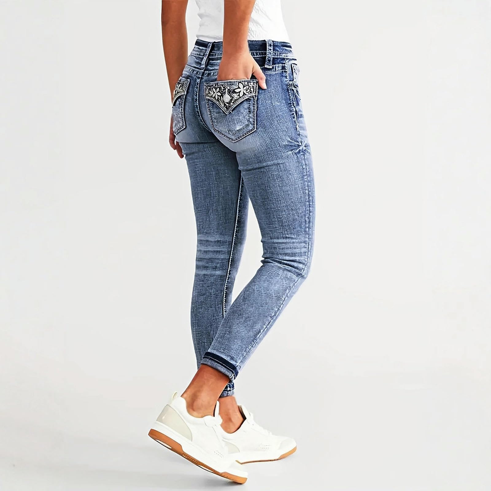 Jeans Donna da Tasca Ricamato Donna, Skinny alla Moda-Blu Scuro-XL