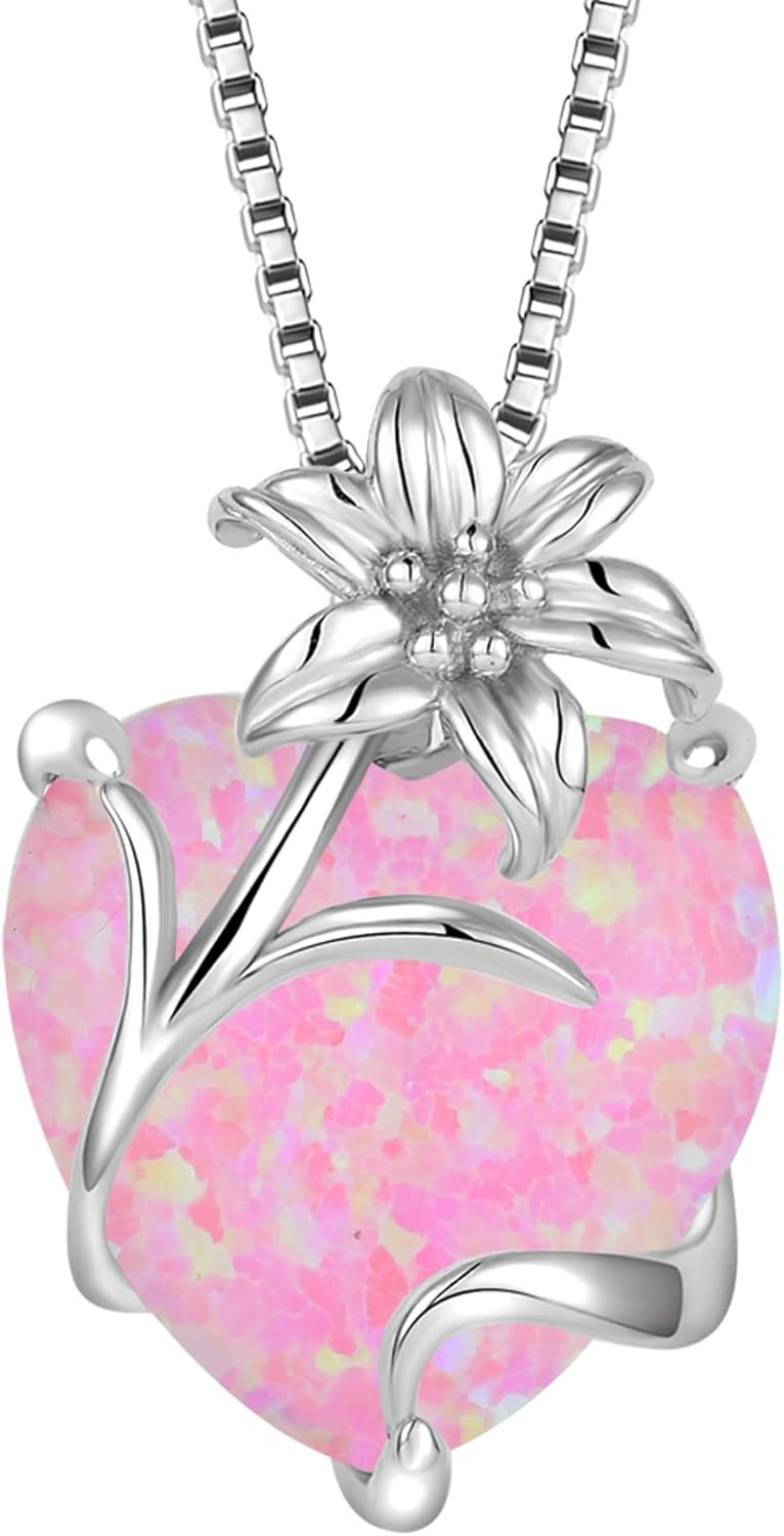 YL Heart Necklace for Women 925 Sterling Silver Lily Pendant Created Opal Flower Jewelry