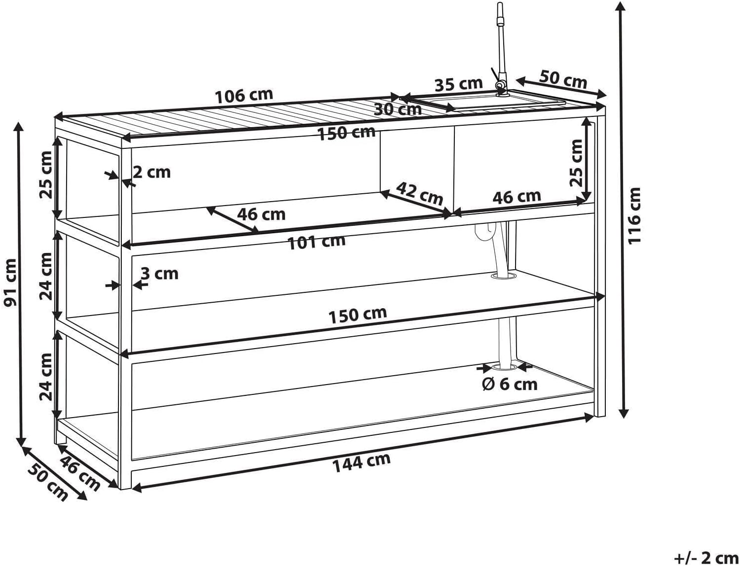 Dimensional drawing of the Beliani Outdoor Kitchen Island